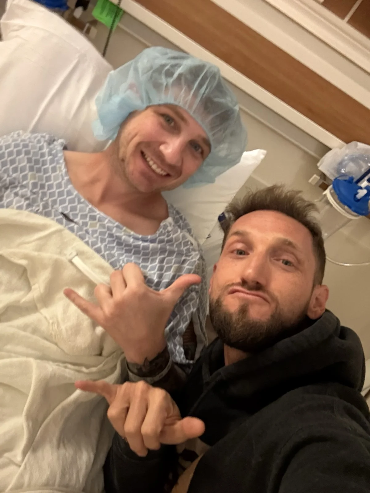 My brother and me, right before he went in. 12 hours of brain surgery ahead of us, shakas up anyway. | Sober family, accountability in recovery, Zac Spowart, Nomadic Addictt